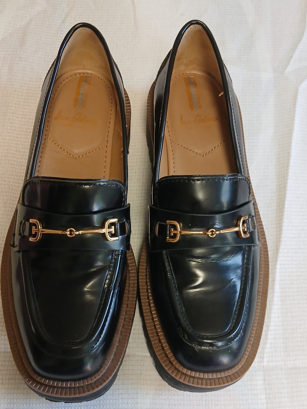 Sam Edelman Black Leather Loafers with Gold Bit Hardware